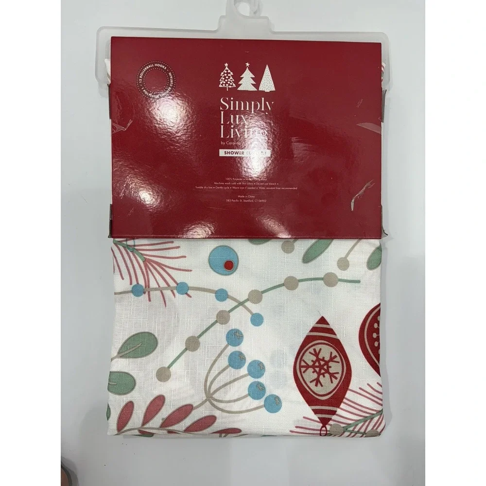 Simply Lux Living NWT 'All The Trimmings' Shower Curtain & Hooks Christmas